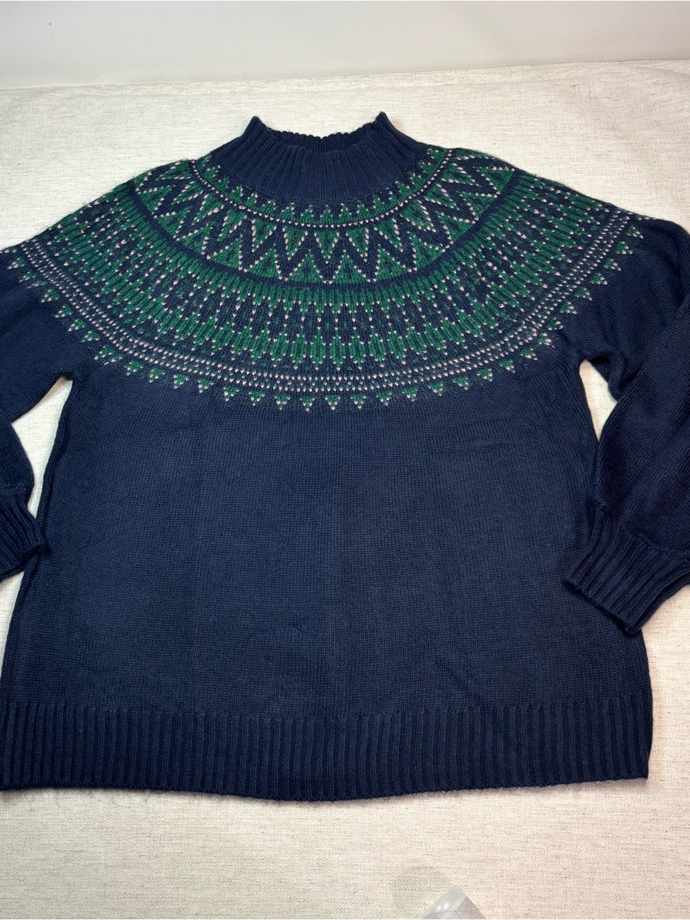 Crown & Ivy Women L Navy blue Fair Isle Yoke Sweater long sleeve mock neck